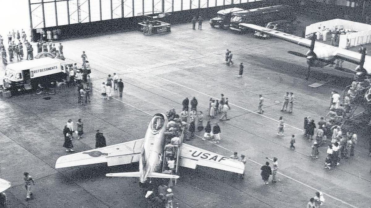 PAST SCOTT AFB AIR SHOW IN HANGAR 1: Air shows and open houses have long been a tradition for military bases, like this one on May 17, 1952. Scott AFB personnel hosted surrounding community members to show them the great flying force that consisted of bombers, cargo and fighter aircraft such as the B-29 in the background.