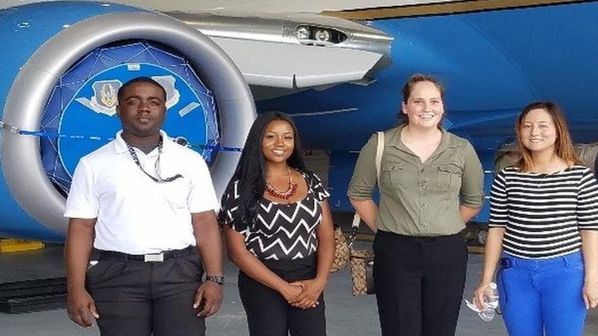Alex Winston, Synthea Jones, Tera Sparks, Katelyn Median and Kendall Montgomery toured an aircraft at the 932nd Airlift Wing at Scott Air Force Base as part of the 2016 Summer Internship Program.