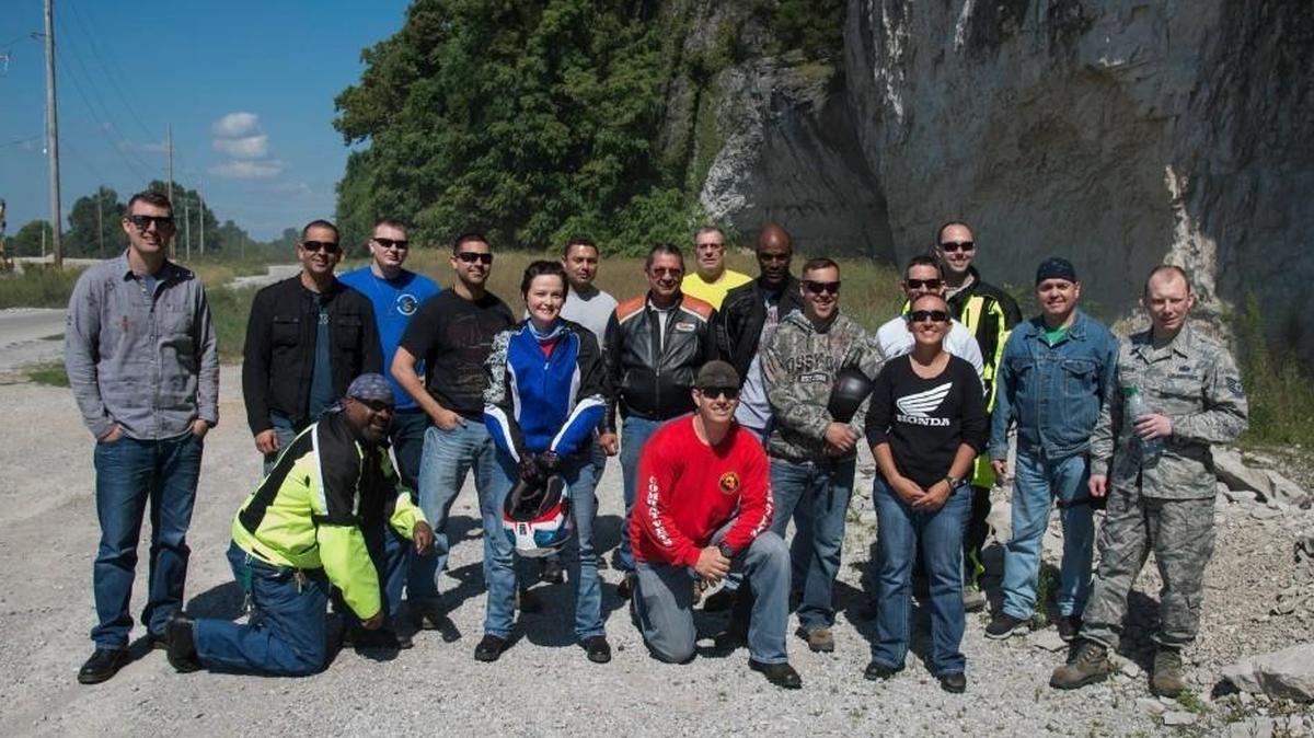 Riders from Scott Air Force Base take part in the motorcycle mentorship ride group photo in Millstadt. The focus of the event was safety and mentoring during a group situation and overall safety in the motorcycle community for riders on Scott AFB. Photo by Airman 1st Class Nathaniel Hudson
