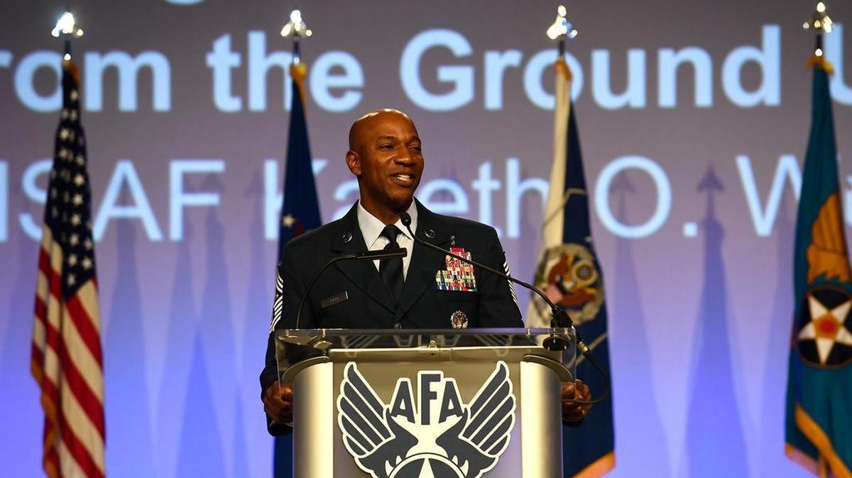 Chief Master Sgt. of the Air Force Kaleth O. Wright gives his speech on resiliency during the Air Force Association Air, Space and Cyber Conference in National Harbor, Maryland. During his remarks, Wright spoke about the importance of Airmen taking care of themselves and each other. Photo by Staff Sgt. Rusty Frank