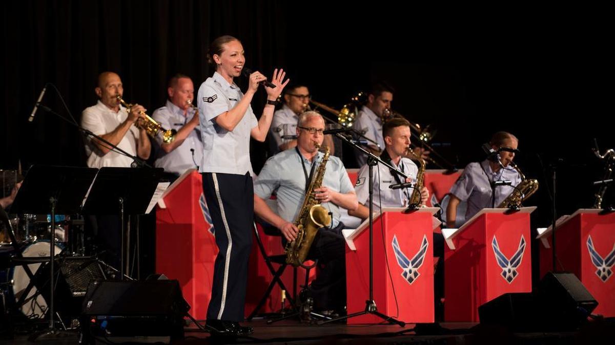The Band of Mid-America Shades of Blue jazz ensemble performs at Lee’s Summit, Missouri, during a tour July 3. The ensemble gave four performances across seven days in the Kansas City area with local musicians. The band’s primary mission is to tell the Air Force story through the music at home and while deployed overseas. The Band of Mid-America performs 300-400 missions annually at venues throughout a ten-state region from the upper peninsula of Michigan to Arkansas.