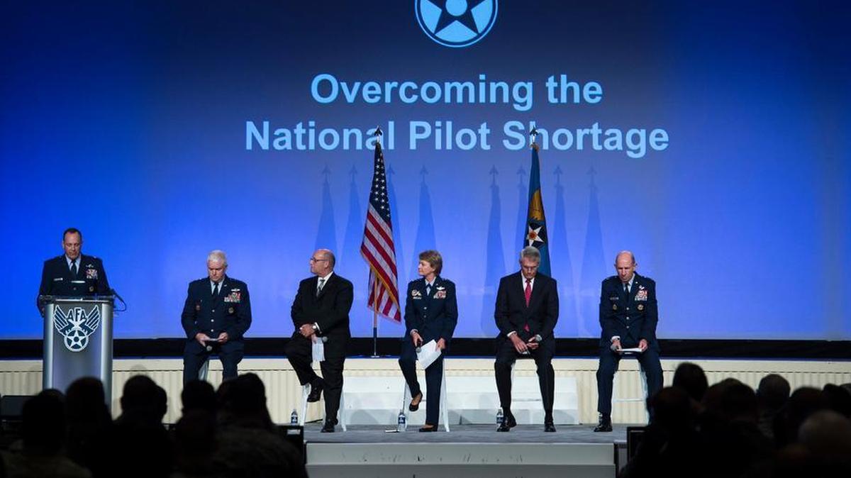 Gen. James M. Holmes, Air Combat Command commander; Gen. Maryanne Miller, Air Mobility Command commander; Lt. Gen. L. Scott Rice, Air National Guard director; Gene Colabatistto, CAE defense and security group president; and Jim Graham, Delta Airlines flight operations senior vice president, discuss overcoming the national pilot shortage during the Air Force Association’s Air, Space and Cyber Conference in National Harbor, Maryland, Sept. 18. The ASC18 is a professional development conference that offers an opportunity for Department of Defense personnel to participate in forums, speeches, seminars and workshops. Photo by Tech. Sgt. DeAndre Curtiss