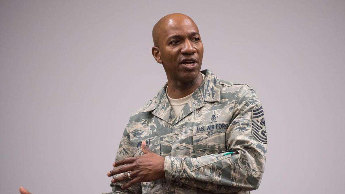 Chief Master Sgt. of the Air Force Kaleth O. Wright speaks to personnel attending an Air Force Element Senior Enlisted Leader Conference at the Pentagon.