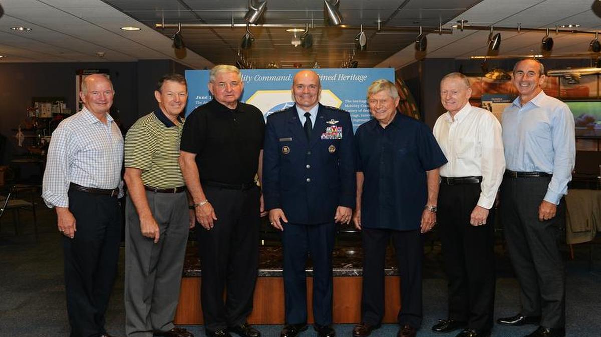 Gen. Carlton D. Everhart II, Commander, Air Mobility Command, hosts former AMC commanders during the annual Senior Statesmen gathering. Pictured with Everhart are retired Generals Duncan J. McNabb; Charles T. Robertson; Ronald Fogleman; Thomas Ryan Jr.; John Handy; and Raymond E. Johns, Jr.