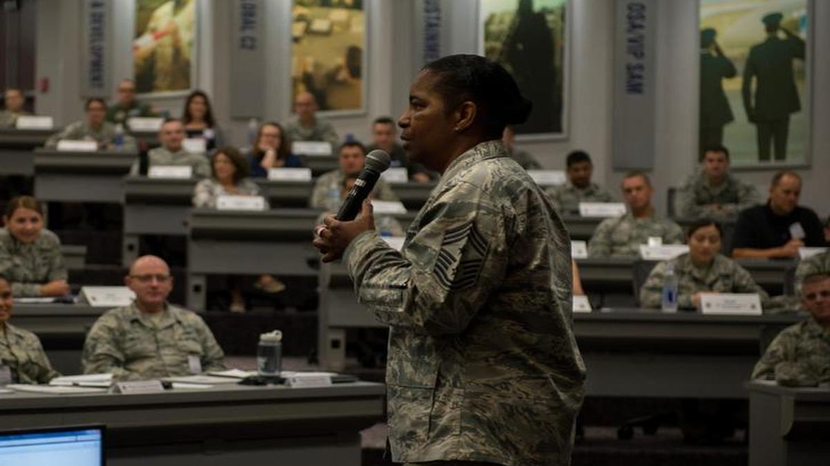 Air Mobility Command Chief Shelina Frey explains why she has a passion for the Air Force and Airmen during Phoenix Stripe.