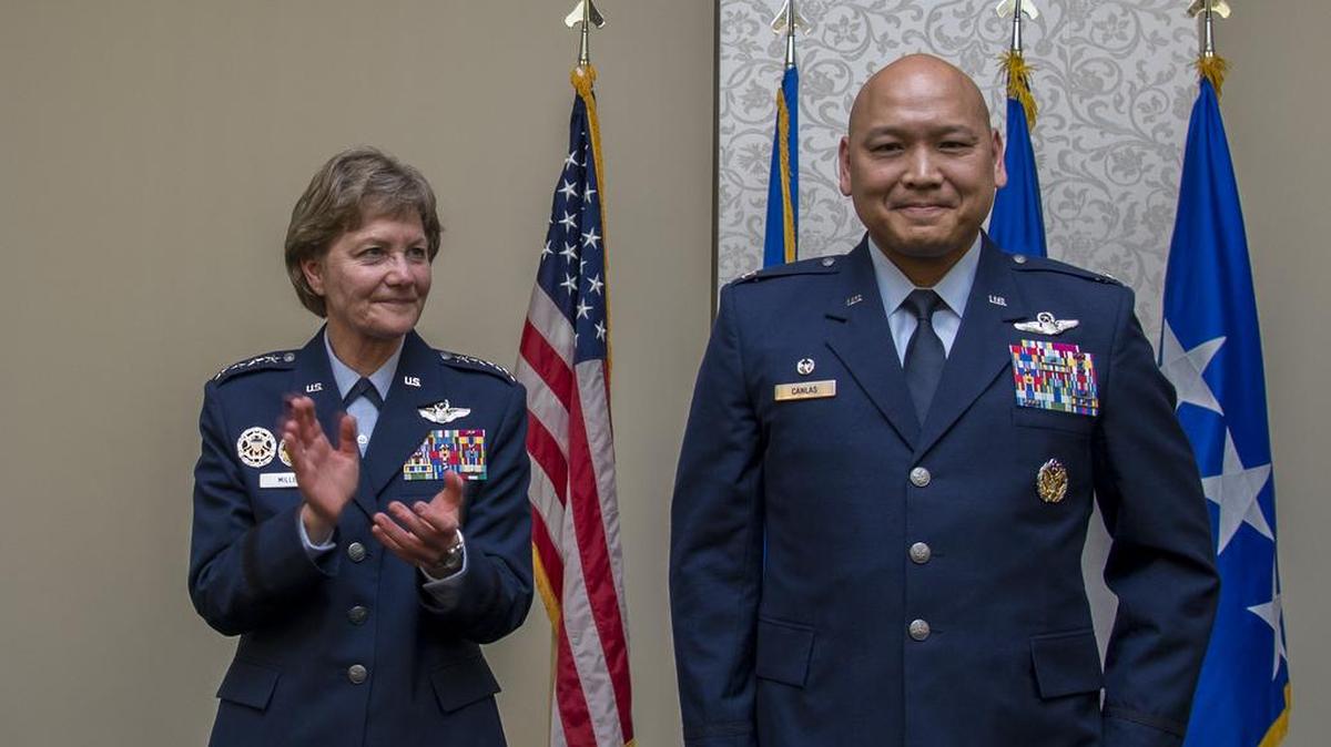 Col. Jimmy Canlas took command of the 618th Air Operations Center at Scott Air Force Base from Brig. Gen. John Lamontagne as Gen. Maryanne Miller, Air Mobility Command commander, presided over the ceremony Jan. 4. The 618th AOC—formerly designated the Tanker Airlift Control Center—is responsible for operational planning, scheduling, directing, and assessing a fleet of approximately 1,100 aircraft in support of combat delivery and strategic airlift, air refueling, and aeromedical operations around the world.