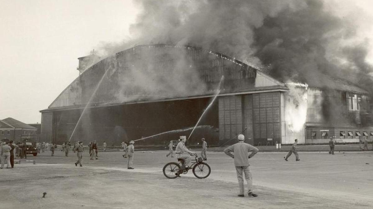 HANGAR 1: An accidental tool-spark set fire to Hangar 1—Scott’s only hangar. Repairs were not completed until May 1945. Hangar 1, which was built in 1940, was 402 feet long, 285 feet wide and 90 feet high.