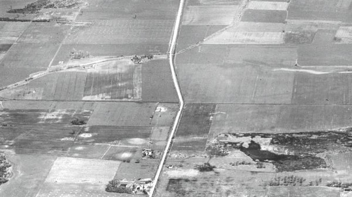 Pictured is an aerial view of Cahokia Mounds circa 1922.
