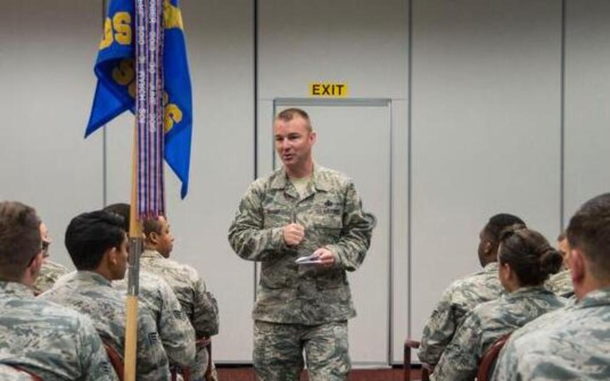 Chief Master Sgt. Gary Sharp speaks at a recent “Enlisted All Call” at Scott Air Force Base. Sharp is the Command Chief Master Sergeant for the Air Force Sustainment Center at Tinker Air Force Base in Oklahoma. In addition, he is the senior enlisted leader for 3,700 enlisted personnel spanning across three air logistics complexes, three air base wings, two supply chain wings, and multiple remote operating locations worldwide.