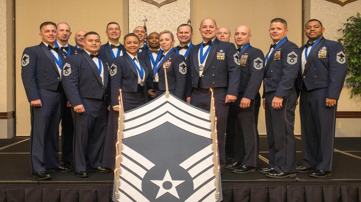 Newly selected and promoted Chief Master Sergeants gather for a group photo during the Chief Induction Ceremony at Scott on Jan. 20. Fifteen chiefs and chief selects were honored during the ceremony. Photos from the event are on Scott AFB’s Flickr account.