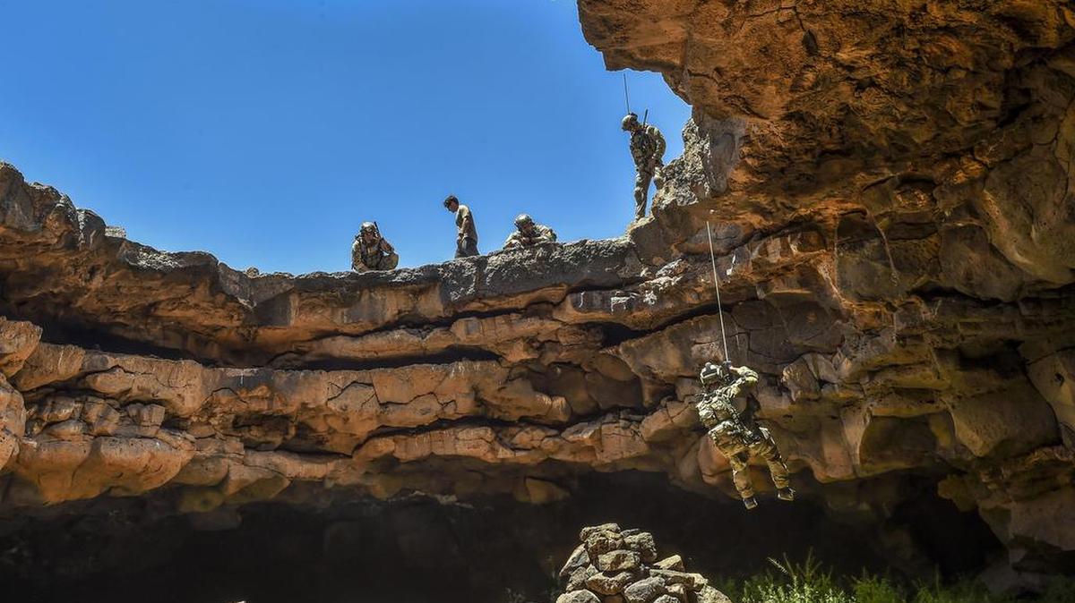 An Air Force Special Tactics Airman with the 24th Special Operations Wing rappels into the Al Biadia Cave Complex during a personnel rescue mission for Eager Lion in Mafraq Province, Jordan. Special Tactics teams have the ability to conduct personnel recovery missions, from rapid mission planning to technical rescue, treatment and exfiltration. With in-depth medical and rescue expertise, along with their deployment capabilities, ST Airmen are able to perform rescue missions in the world's most remote areas.