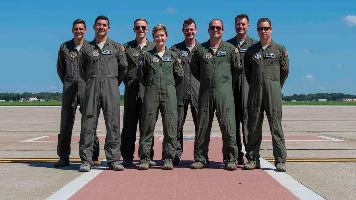 Lt. Col. Thomas Knaust, Maj. Taylor Todd, and Capts. Angus MacDonald, Alex Beveridge, Ramiro Rios, Jennifer Nolta, Mathew Williams and Waylon Mays, all C-21A pilots with the 375th Operations Group, are this week’s Showcase Airmen. Photo by Airman 1st Class Tara Stetler