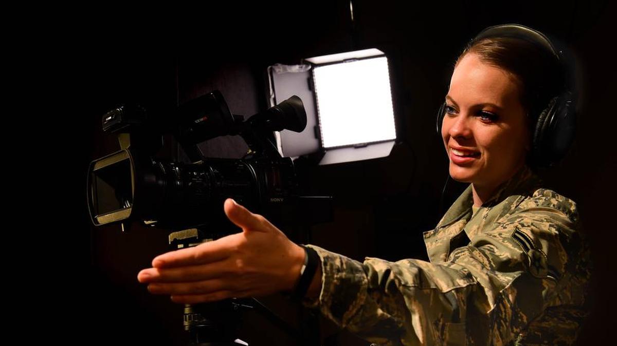 Airman 1st Class Kristin Savage, a broadcaster with the 375th Air Mobility Wing Public Affairs office, is this week’s Showcase Airman. Photo by Staff Sgt. Michael Cossaboom