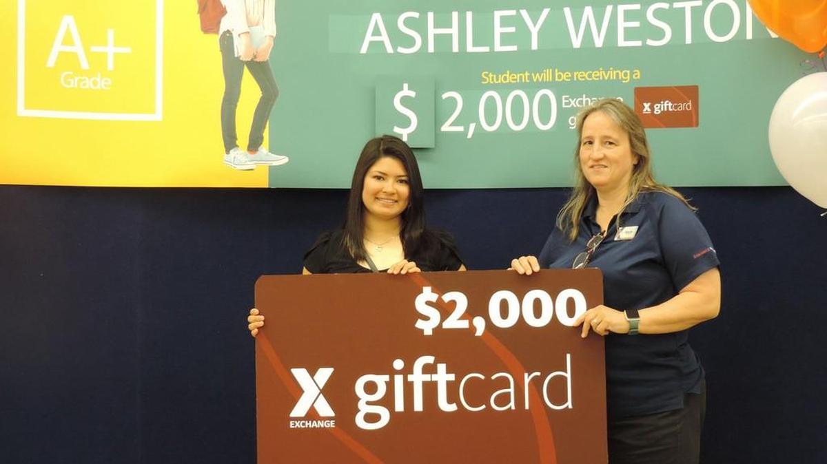 Ashley Weston, a recent high school graduate, took home the grand prize in the Army & Air Force Exchange Service’s worldwide You Made the Grade sweepstakes. She was honored at the Joint Base San Antonio-Randolph Exchange by Exchange Operations Manager Brenda Frego on July 25.