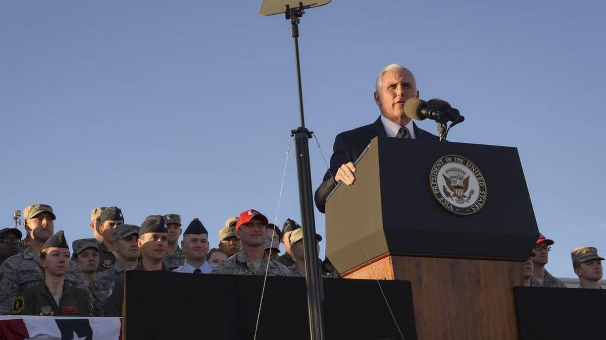 Vice President Mike Pence addresses Airmen during his visit to Nellis Air Force Base, Nevada, Jan. 11, before heading to an Air Force technology event in Las Vegas. During his speech, Pence lauded the U.S. Air Force Warfare Center for its rigorous and realistic training via the U.S. Air Force Weapons School and Nevada Test and Training Range.