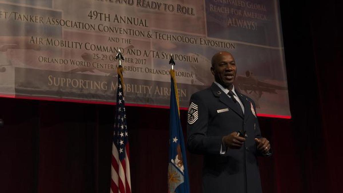 Chief Master Sgt. of the Air Force Kaleth O. Wright speaks about the enlisted perspective to Airmen attending the 2017 Airlift Tanker Association Symposium for professional development.