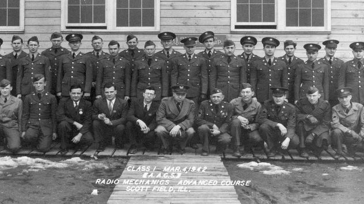 RADIO MECHANICS ADVANCED COURSE—1942: Scott Field students learned skills required to operate and maintain radio equipment during World War II. This class was one of the new waves of personnel to be trained, when the Radio School was enabled to expand its capacity by 5,800 students.