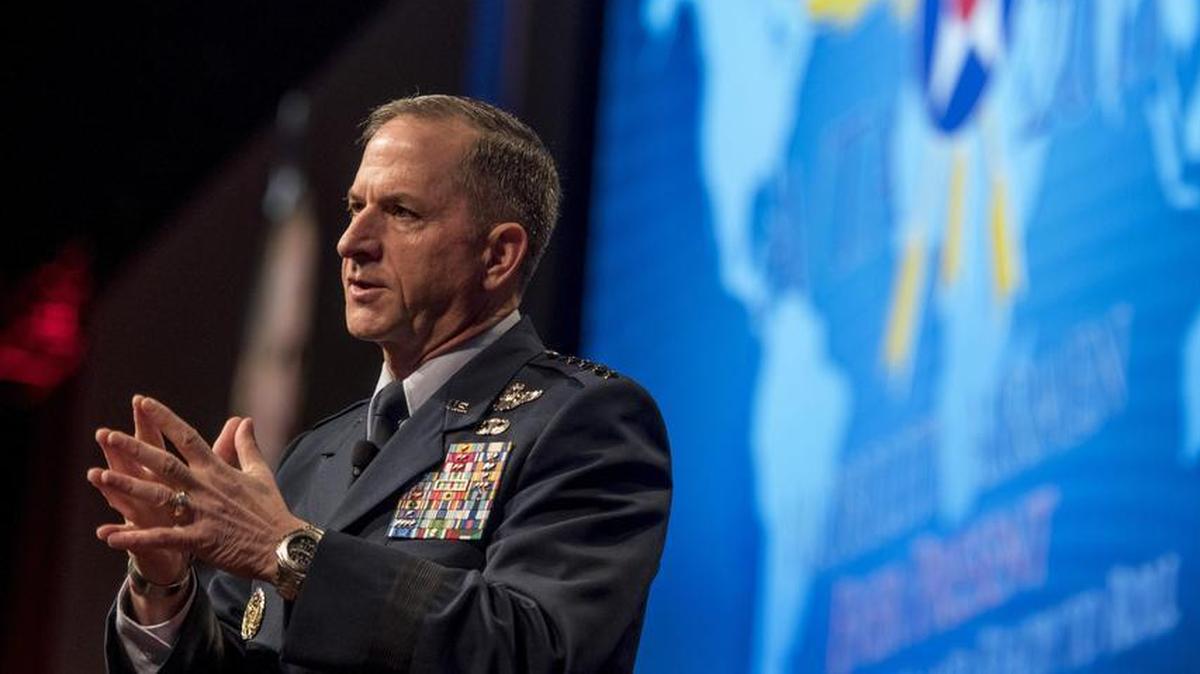 Gen. David Goldfein, Air Force Chief of Staff, speaks during the Airlift/Tanker Association Symposium in Orlando, Fla. Goldfein stressed the importance of taking control of the space mission, working more cognitively to defeat adversaries, and taking care of the Airmen.