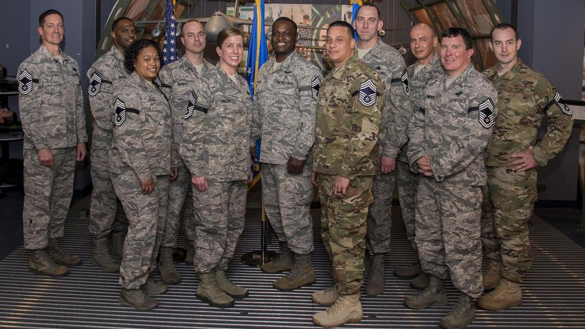 Scott Air Force Bases’ newly selected Chief Master Sergeants take a group photo Dec. 6 at Scott Air Force Base. Photo by Airman 1st Class Nathaniel Hudson
