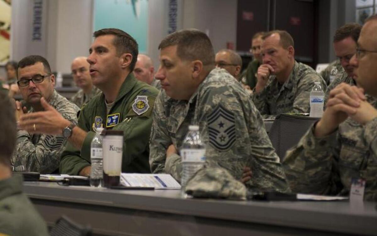 Col. John Klein, Jr., 60th Air Mobility Wing commander, asks a question during the 2017 Spring Phoenix Rally at Scott. During Phoenix Rally, AMC leaders discussed a range of total force issues to include squadron revitalization, strengthening joint leaders and teams, pilot shortage, and the demand of mobility air force capability worldwide.