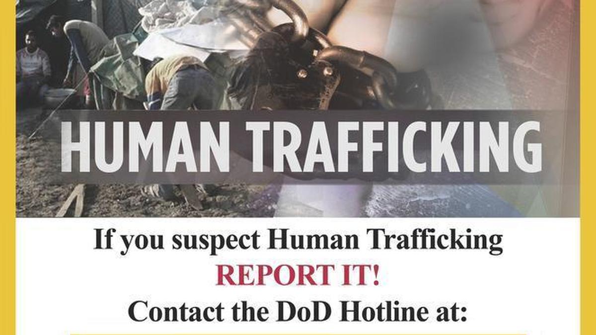 Trafficking in Persons is defined as the recruitment, harboring, transportation, transfer, coercion, abduction, fraud, deception, abuse, or exploitation of a person. Courtesy graphic