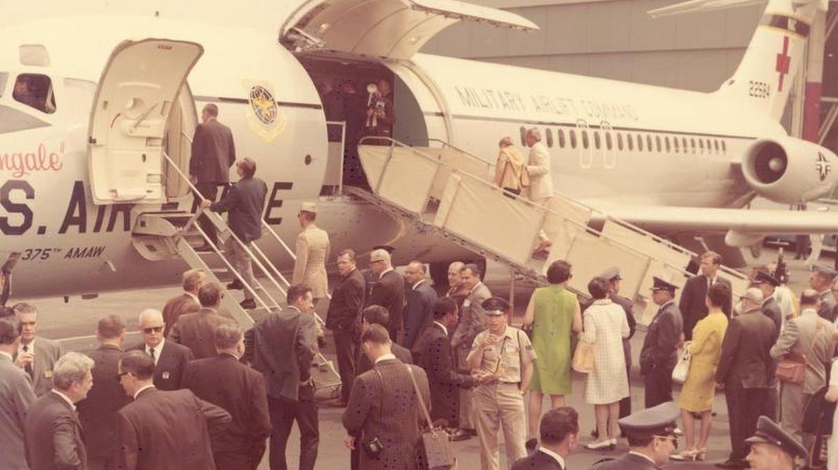 SCOTT THROUGH THE YEARS: Pictured is the post arrival ceremony of Scott Air Force Base’s first C-9 “Nightingale” on Aug. 10, 1968.