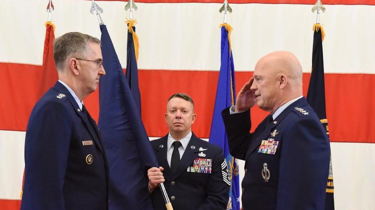 Gen. Jay Raymond, Air Force Space Command commander, becomes the Joint Force Space Component commander in a ceremony at Peterson Air Force Base, Colorado.