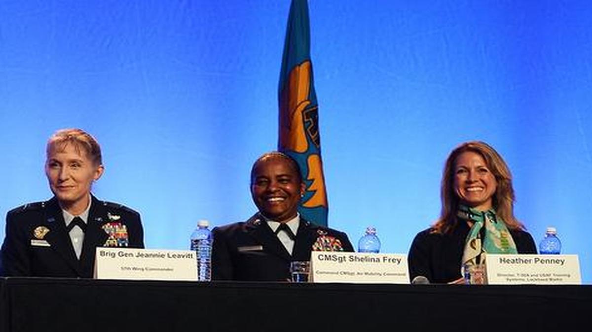 Individuals speak during the “Breaking the Gender Barrier” panel at the Air Space, Cyber Conference in National Harbor, Md. The panel of five women included, (from left), Gen. (ret.) Janet Wolfenbarger, Essye Miller, Brig. Gen. Jeannie Leavitt, Chief Master Sgt. Shelina Frey, and Heather Penney.