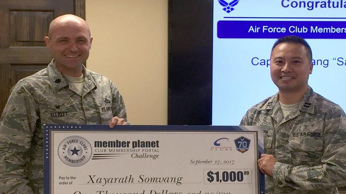 Congratulations to Capt. Xayarath Somvang for winning $1,000 in the Air Force Club Membership Portal Challenge. Somvang was randomly selected from those who transferred their club membership to the new MemberPlanet portal. People can still transfer memberships to the new system ... visit myairforcelife.com today. For more information, please call the Scott Event Center at 256-5501.