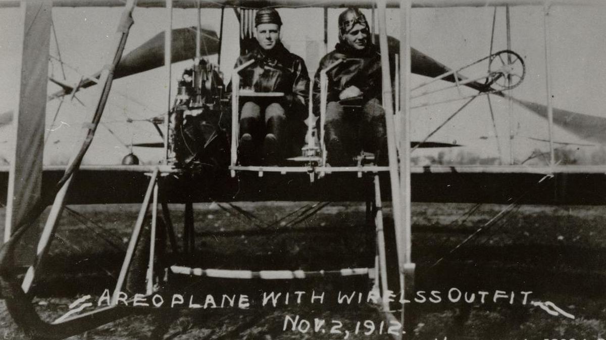 Here is an air-directed bombing demonstration at Ft. Riley, Kansas, Nov. 5, 1912. Pictured are Lt. Follett Bradley, observer and radio operator, and Lt. Henry H. Arnold, pilot.