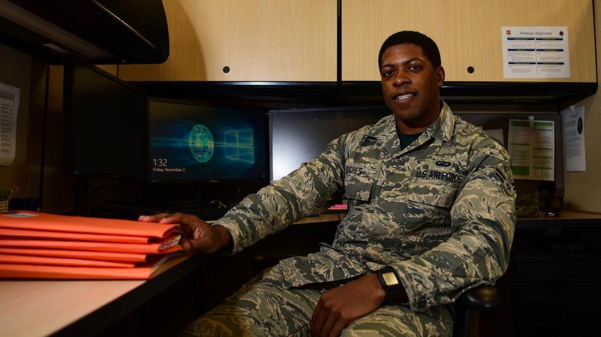 Airman 1st Class Anthony Hughes, a base support contracts specialist at the 375th Contracting Squadron, is this week’s Showcase Airman. Photo by Staff Sgt. Michael Cossaboom