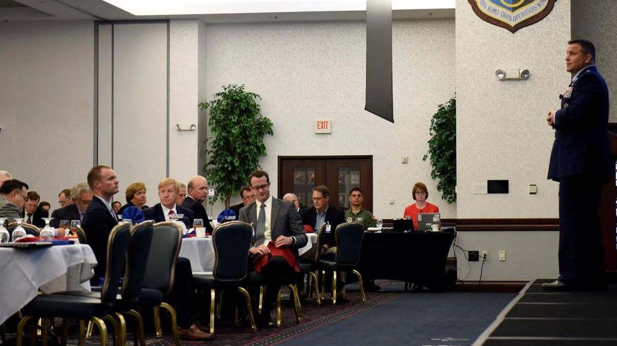 Maj. Gen. Thomas Sharpy, Strategic Plans, Requirements and Programs director, speaks about the current needs of Air Mobility Command during an industry update event July 27 at the Scott Event Center. This is the first time AMC has hosted industry partners since 2009.