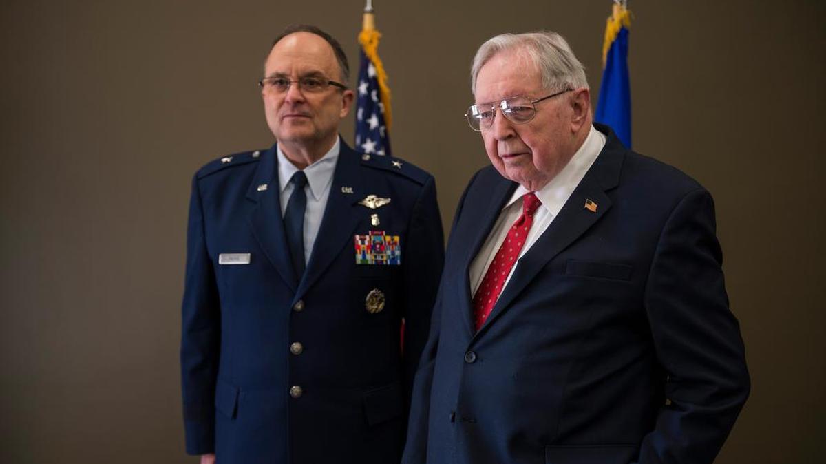 Donald Gillen, a U.S. Army veteran, was presented the Congressional Gold Medal Jan. 6 at Scott Air Force Base. Also pictured is Brig. Gen. Lee Payne, Air Mobility Command surgeon general, who presented the medal to Gillen.