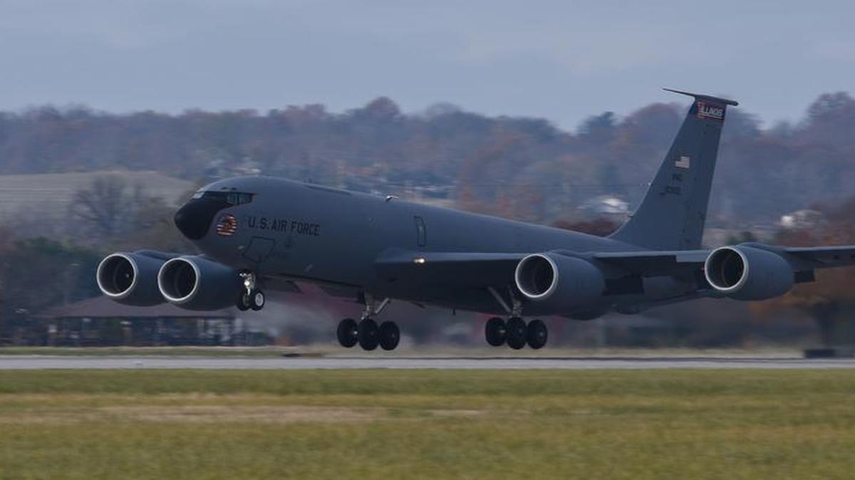 A KC-135R Stratotanker assigned to the 126th Air Refueling Wing launches on a black letter flight Dec. 5. This is the first black letter flight for the 126th ARW. A black letter flight occurs when there are zero discrepancies or maintenance issues on the aircraft.