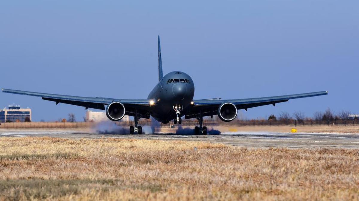 The first KC-46A Pegasus lands on the flightline Jan. 25 at McConnell Air Force Base, Kansas. The KC-46 will serve alongside the KC-135 Stratotanker at McConnell AFB and supply critical aerial refueling, airlift and aeromedical evacuations at a moment’s notice for America’s military and allies.
