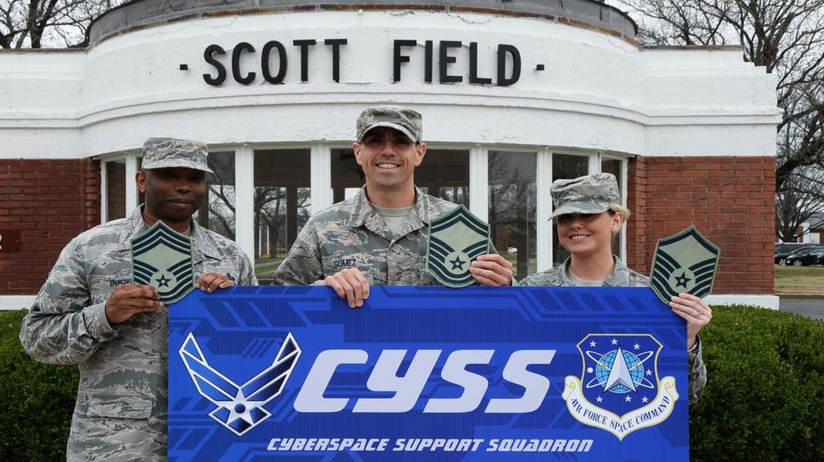 Three Cyberspace Support Squadron members were promoted March 1 to the top three enlisted ranks in the Air Force: Chief Master Sgt. Carlos Bush, Senior Master Sgt. Adam Gomez, and Master Sgt. Carol Ann Cardona. The CYSS has 158 personnel, with 51 enlisted Airmen. Bush is the Cyberspace Security Flight superintendent, Gomez is the Cyberspace Maintenance Flight superintendent, and Cardona is an enterprise technology manager.