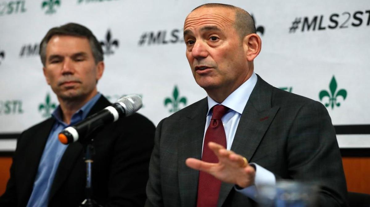 Major League Soccer commissioner Don Garber, right, speaks along side Jim Kavanaugh, vice chairman of the group trying to bring an MLS team to St. Louis, during a news conference Monday in St. Louis.
