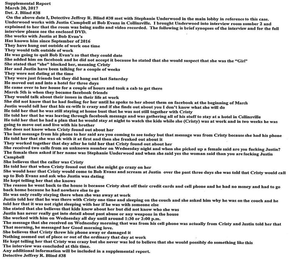 Detective’s summary of statement given by Justin Campbell’s co-worker.