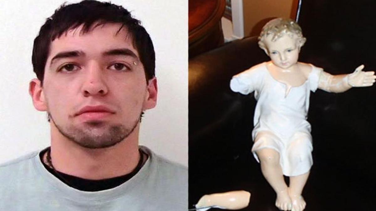 Matthew Fellhauer and the stolen statue.
