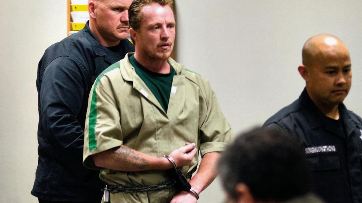 In this Aug. 11, 2014 file photo, convicted murderer Nicholas Sheley is escorted into a courtroom in Morrison, Illinois. Sheley, who is serving life sentences for six Illinois slayings, is scheduled in court Monday, Jan. 25, 2016, in Hillsboro, Missouri, for a request to move his murder trial that could lead to his execution. Prosecutors in Jefferson County intend to seek the death penalty if he's convicted in the 2008 killing of an Arkansas couple outside a hotel in Festus, Missouri.