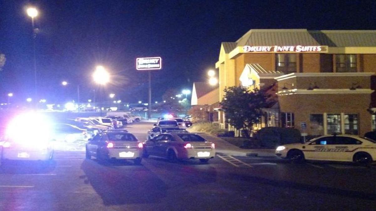 Police stage outside the Fairview Heights Drury Inn & Suites Wednesday night after a person was stabbed.
