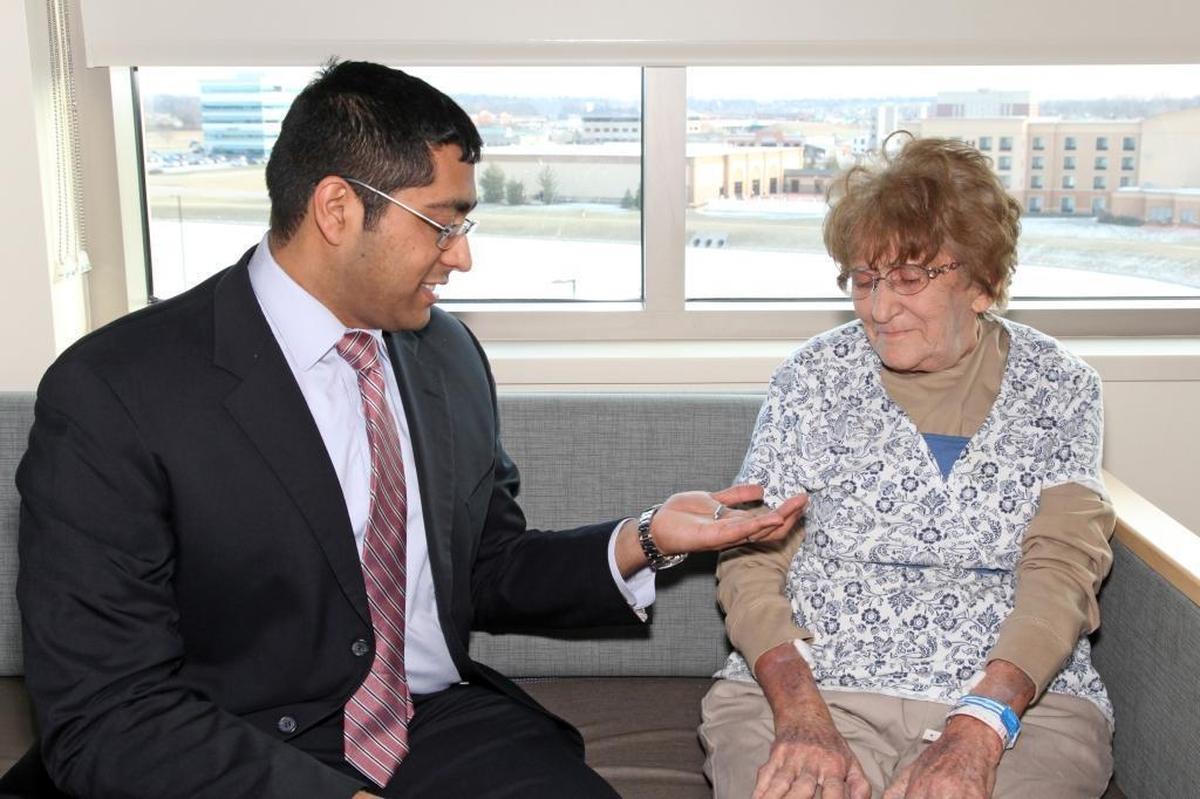 Dr. Paban Saha, cardiologist with Prairie Heart and Vascular Institute of Illinois, holds a Micra TPS pacemaker, the smallest pacemaker in the world. Betty Lappe, of Steeleville was the first patient at HSHS St. Elizabeth’s Hospital to have the miniaturized heart device implanted to treat her slow heart rate.