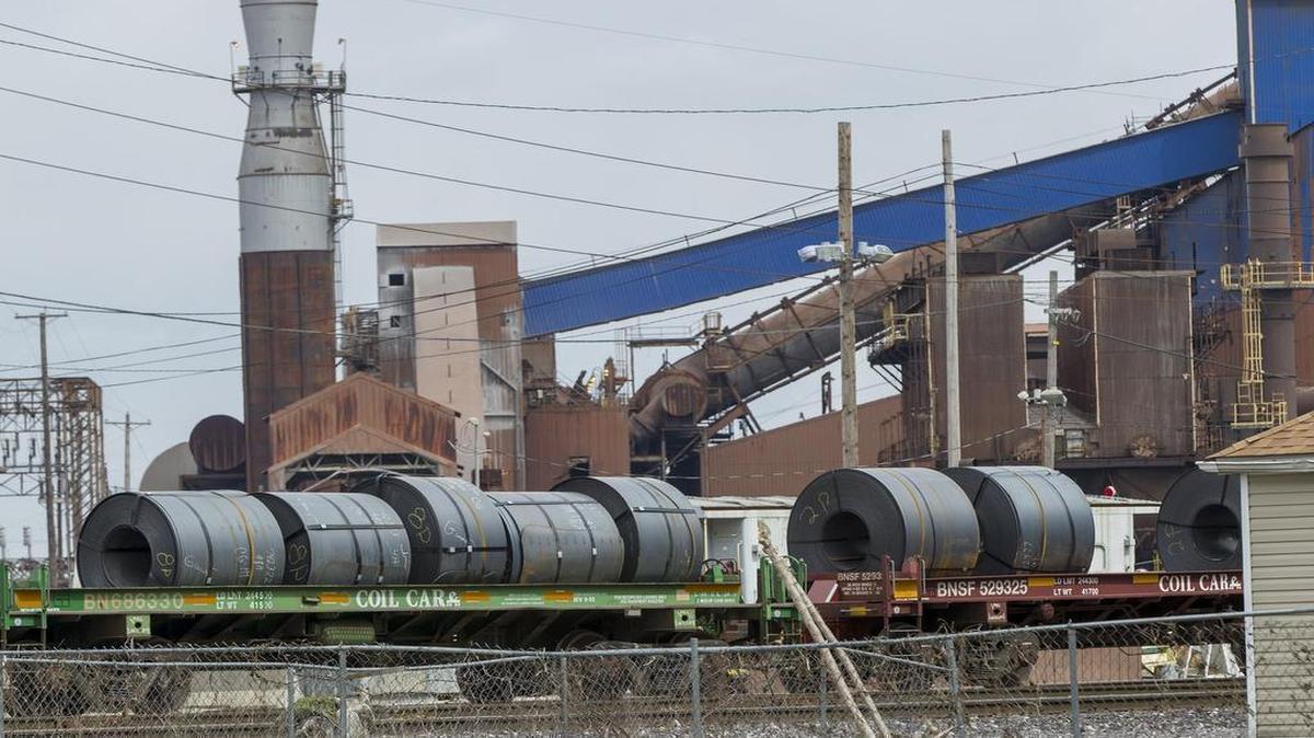 Flat rolled steel rests on rail cars at U.S. Steel Corp. in Granite City.
