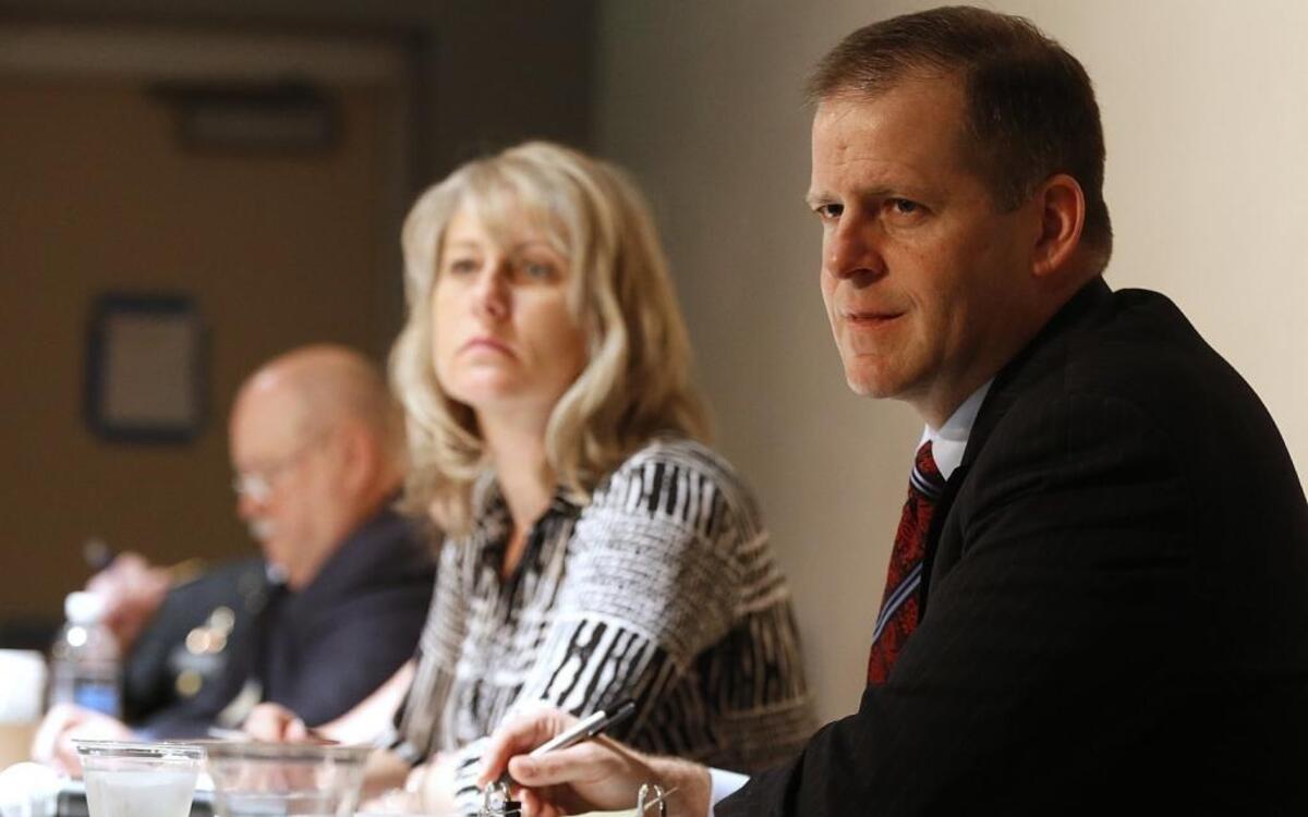 In this BND file photo, Paul Schimpf (right) and other panelists listen during the Veterans Suicide Task Force meeting Monday, May 9, 2016, at SWIC in Belleville.