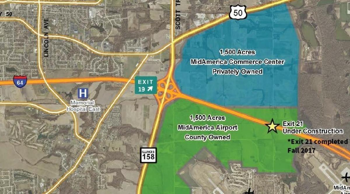 This map shows land owned privately and by the county on the north and south side of Interstate 64. The land would be developed into a commerce district aimed at complemeting Scott Air Force Base under suggestions from the Urban Land Institute submitted to the city of O’Fallon.