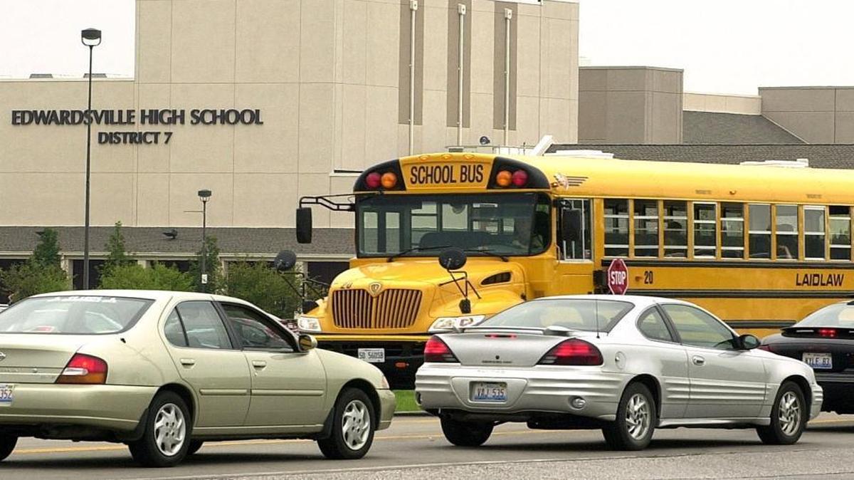 An Edwardsville District 7 school bus leaves Edwardsville High School.