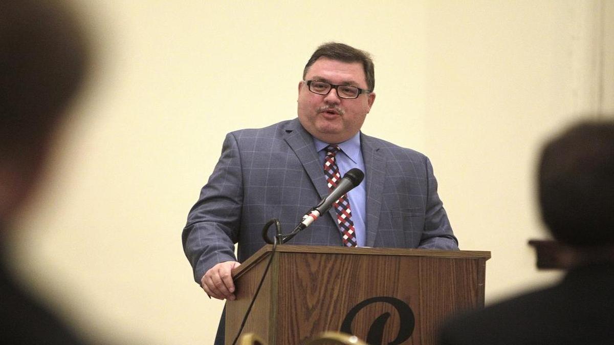 In this March 2017 file photo, Belleville District 201 Superintendent Jeff Dosier speaks at the Belleville Chamber of Commerce’s Issues & Eggs breakfast at Bellecourt Place.