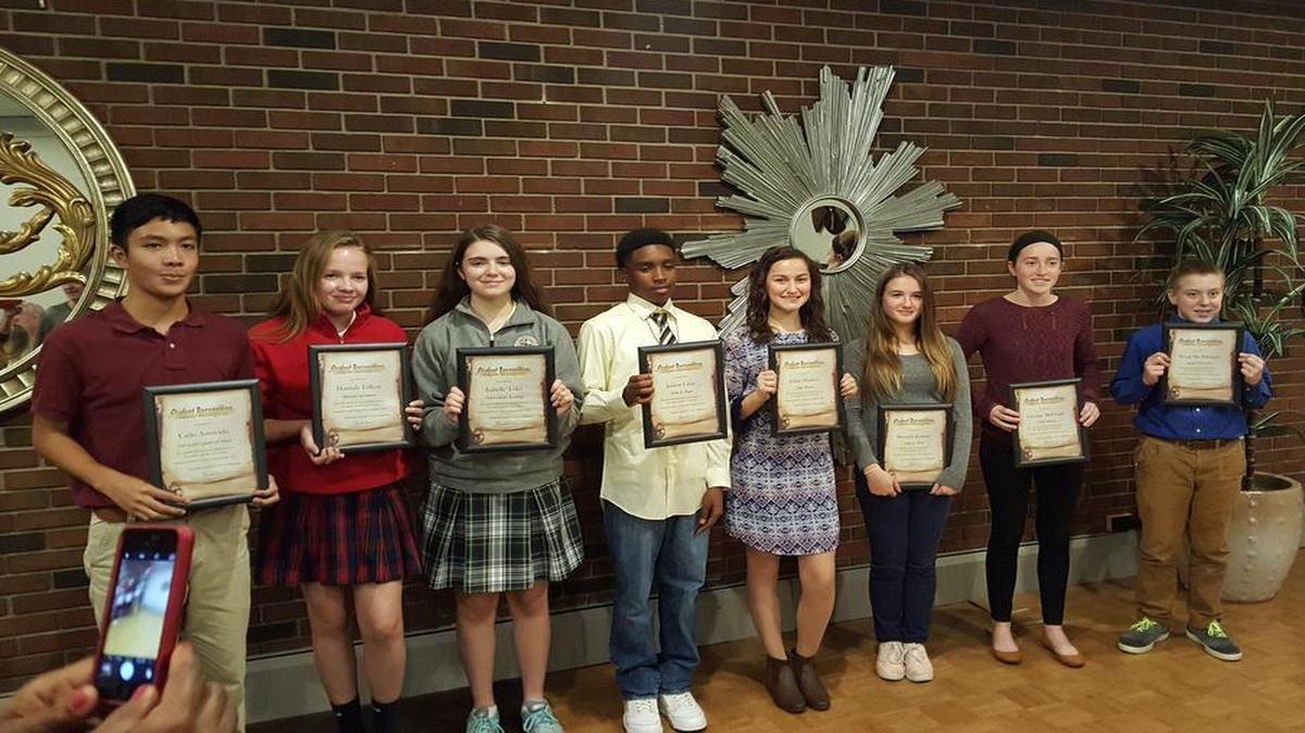 The Belleville Westside Optimist club recognized Carlo Amorado, left, Hannah Telken, Isabelle Toler, Jamon Crisp, Jillian Mentzer, Miranda Jenkins, Gwynne McGrady and Wyatt Shellabarger recently.
