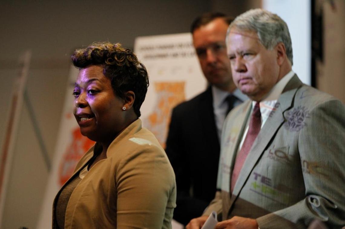 State Reps. LaToya Greenwood, D-East St. Louis, and Jay Hoffman, D-Swansea, speak in the metro-east in this August 2017 file photo.