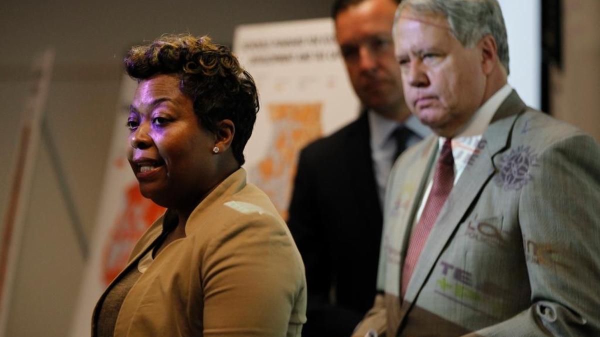 State Reps. LaToya Greenwood, D-East St. Louis, and Jay Hoffman, D-Swansea, speak in the metro-east in this August 2017 file photo.